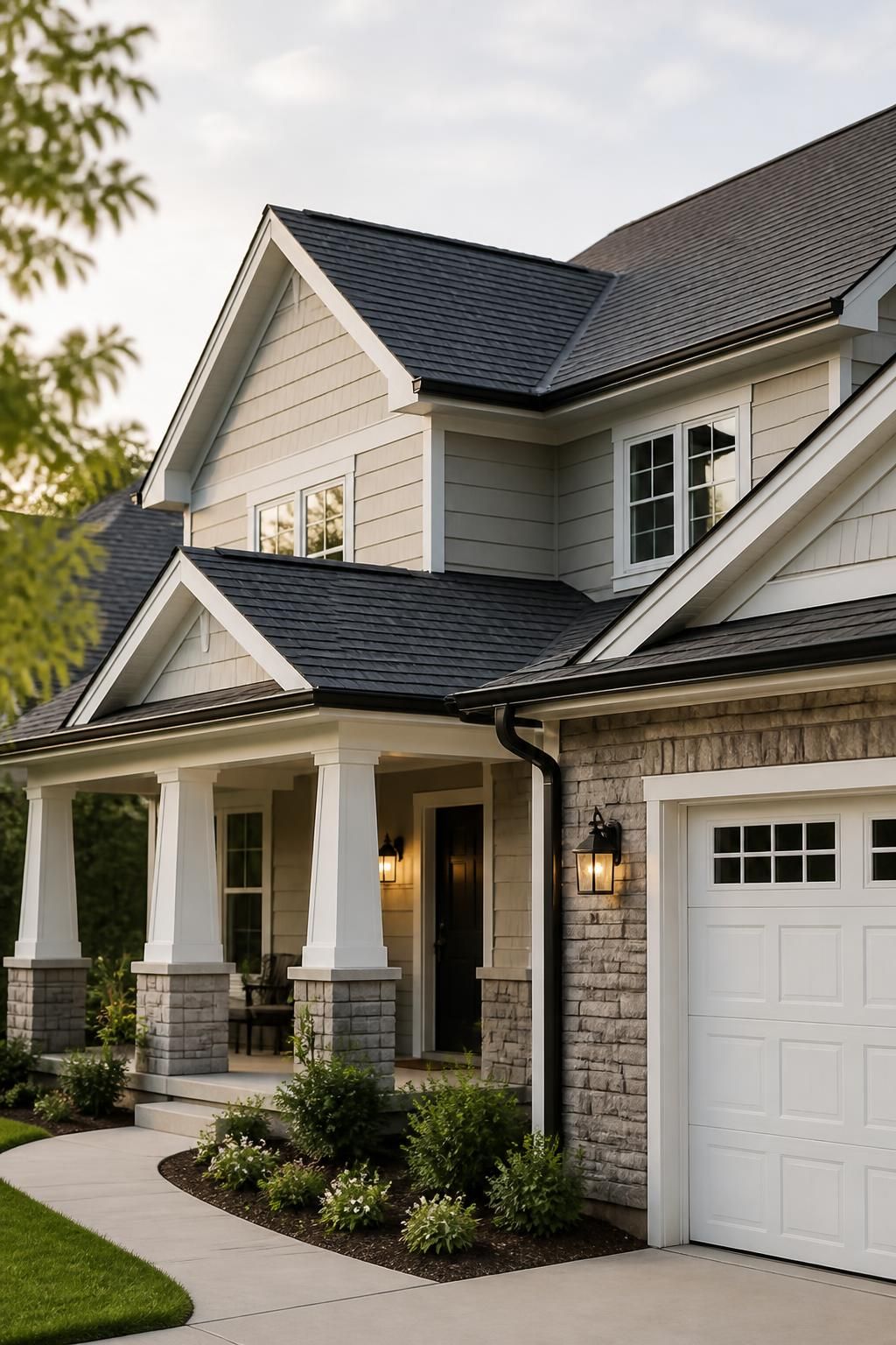 Residential exterior with a newly installed roof and tidy gutters