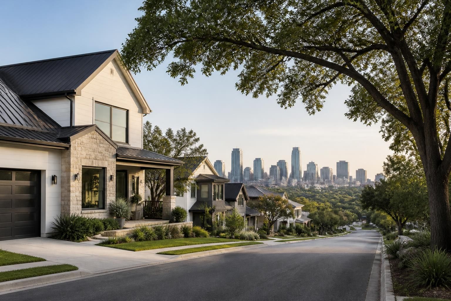 Austin neighborhood with modern homes and well-kept rooflines