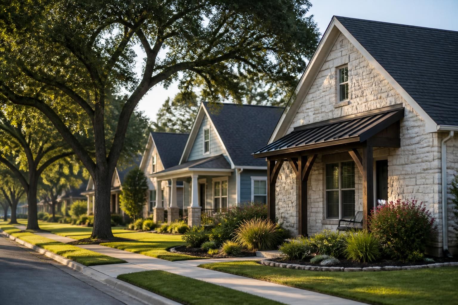 Buda neighborhood with classic homes and clean rooflines