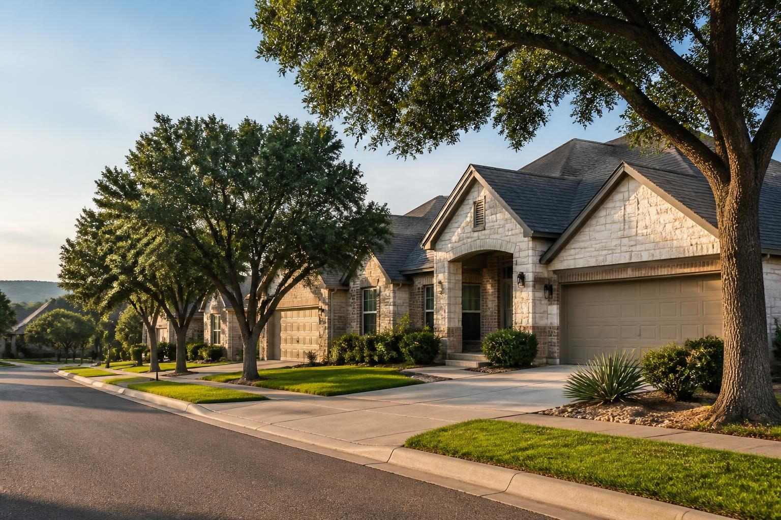 Cedar Park residential street with neat homes and roofs