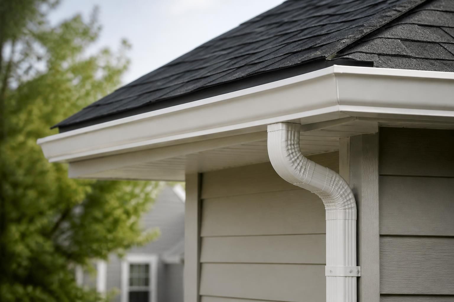Newly installed gutters integrated into a home roofline