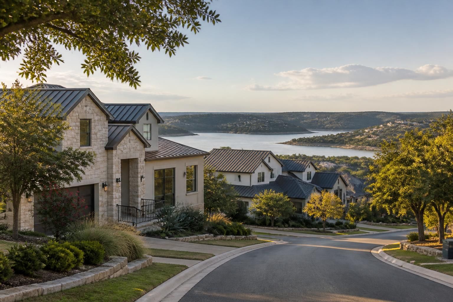 Lakeway hillside neighborhood with refined homes and clean rooflines