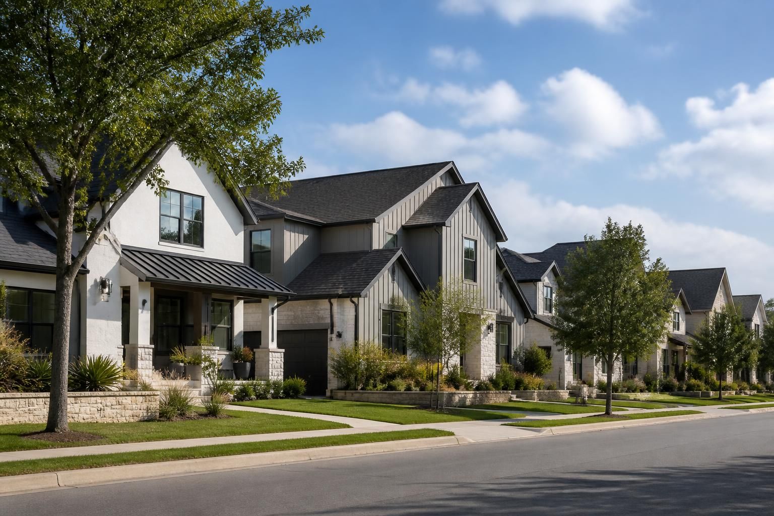 Leander neighborhood with contemporary homes and crisp rooflines