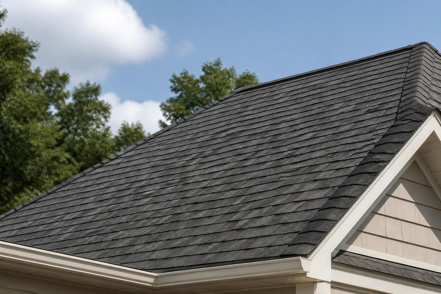 Finished roof repair with matched shingles on a home