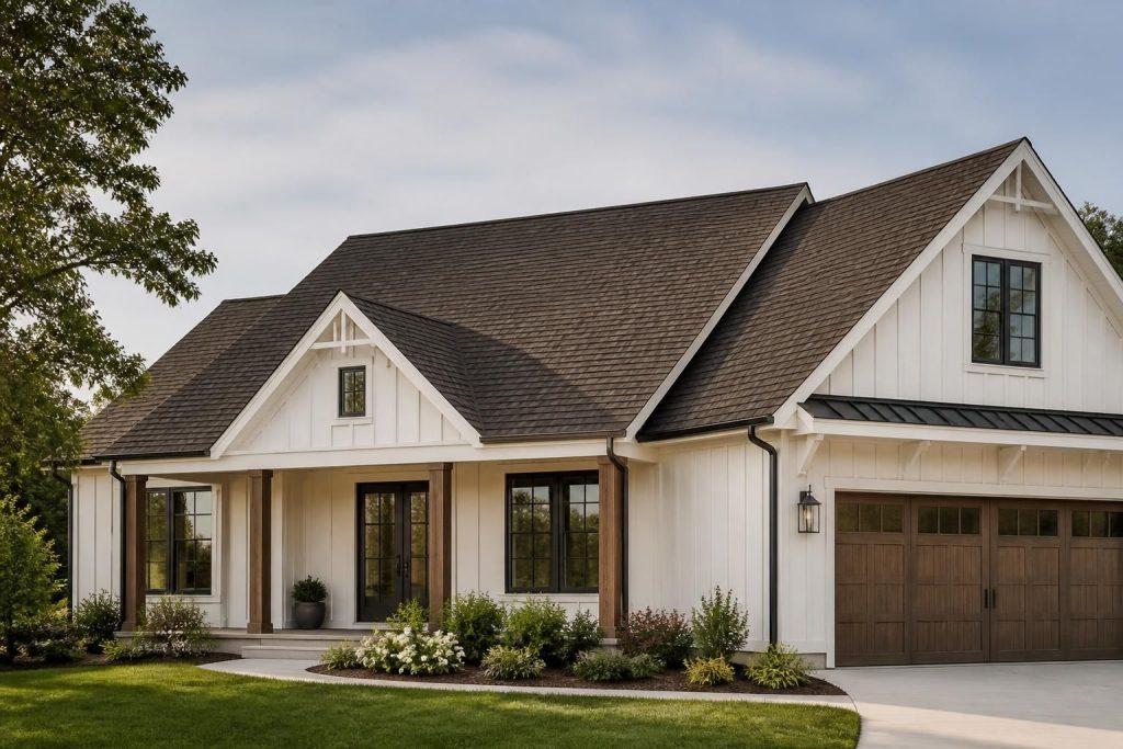 Modern home with a clean finished roof in natural light